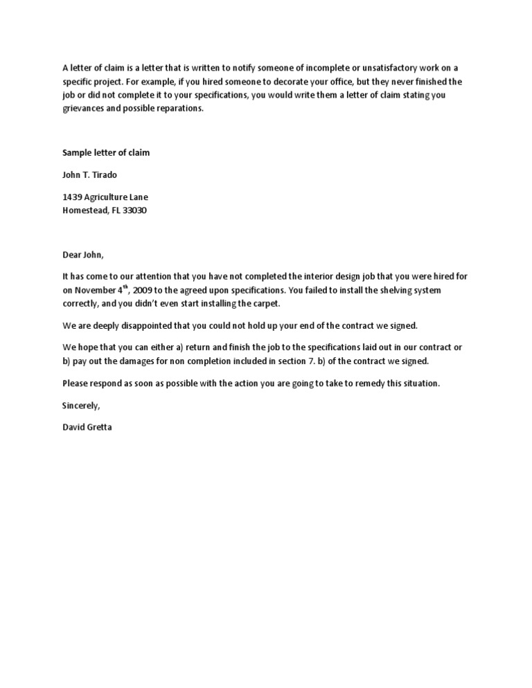 Claim Template Letter