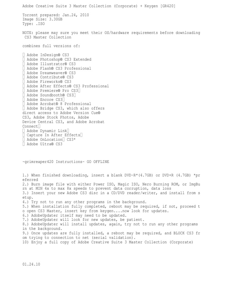 Read Me CS3 (GR420) | PDF | Adobe Creative Suite | Adobe Software