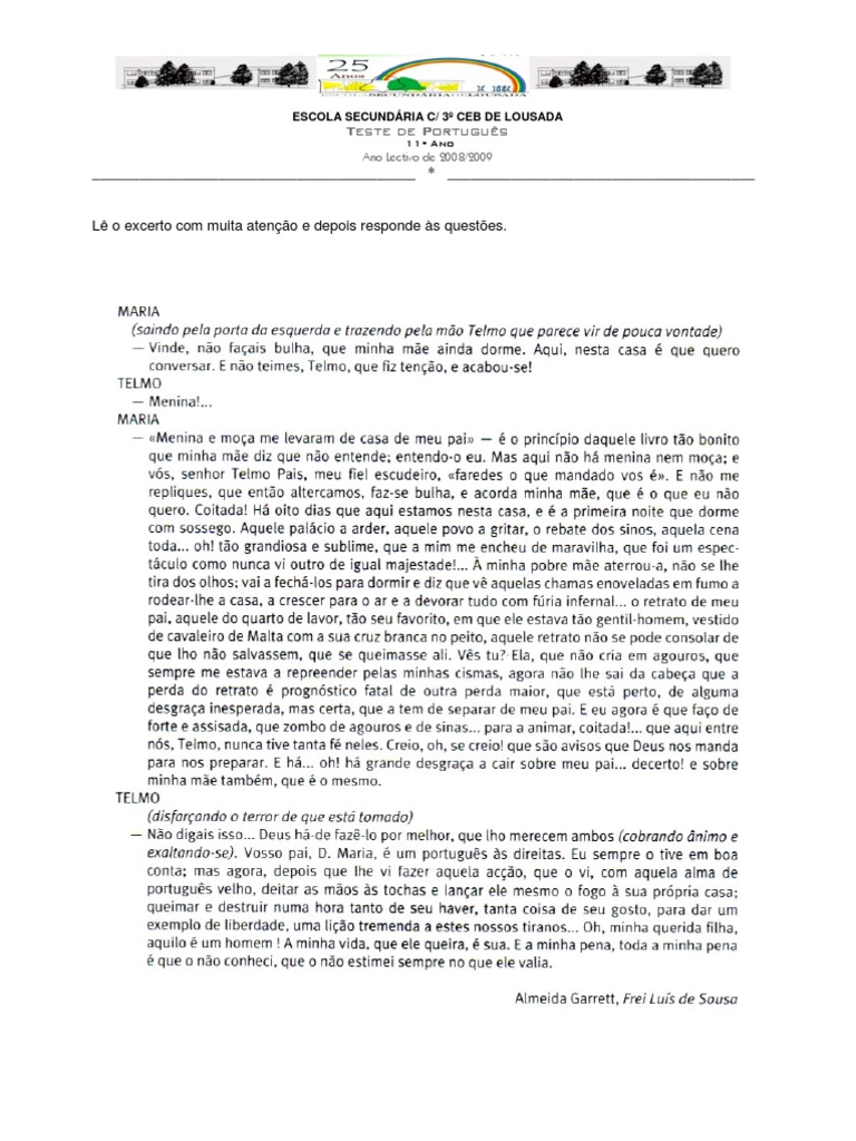 Teste de Português 11º Ano | PDF | Artes Linguísticas e Disciplina ...
