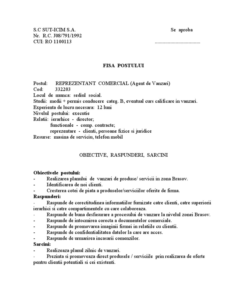 FISA POST - Agent Vanzari | PDF
