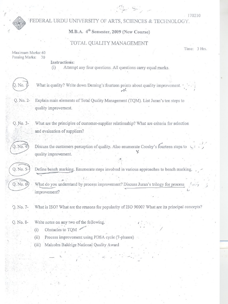 Total Quality Management Exam Questions | PDF | Quality | Quality ...
