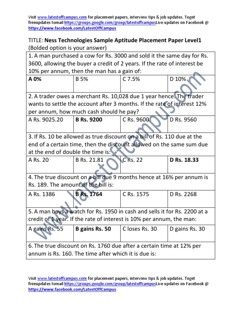 Ness Technologies Sample Aptitude Placement Paper Level1 | PDF | Speed ...
