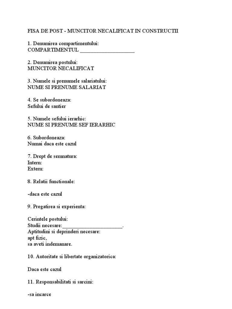 Muncitor Necalificat Constructii FISA de POST Muncitor Necalificat in Constructii