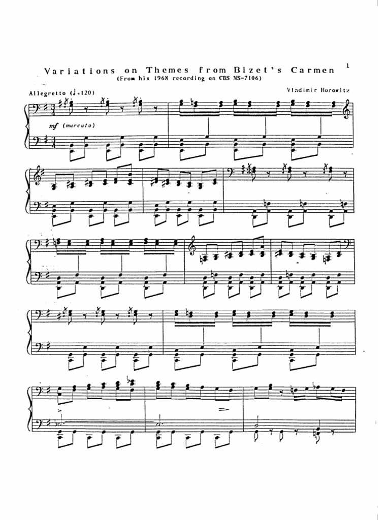 Piano Score Horowitz Carmen Variations Version 1968 2nd Version Transcription After Bizet