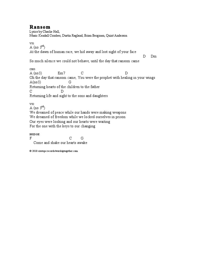 Ransom: Lyrics by Charlie Hall, Music Kendall Combes, Dustin Ragland ...