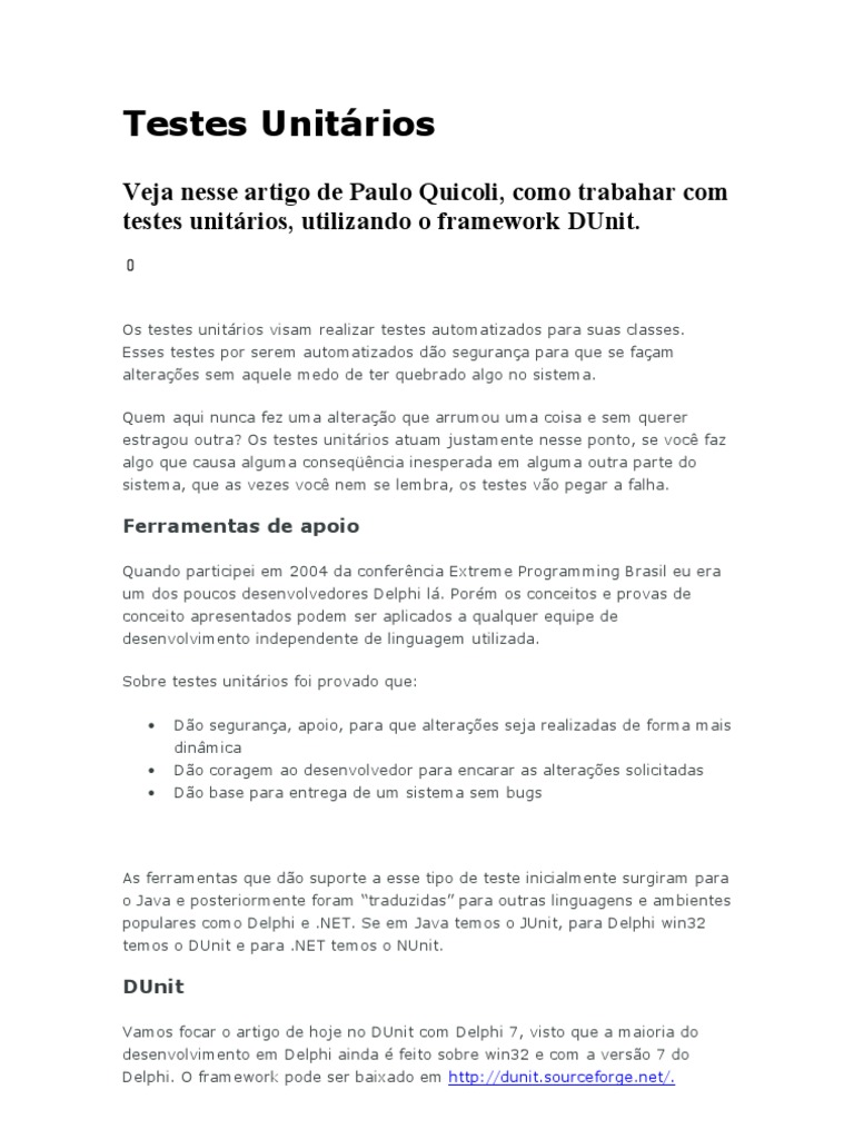 Testes Unitários com DUnit em Delphi | PDF | Teste de unidade ...