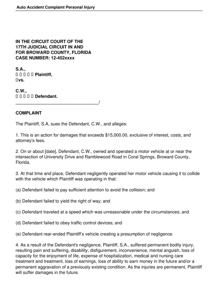 Personal Injury Auto Accident Complaint Negligence Damages