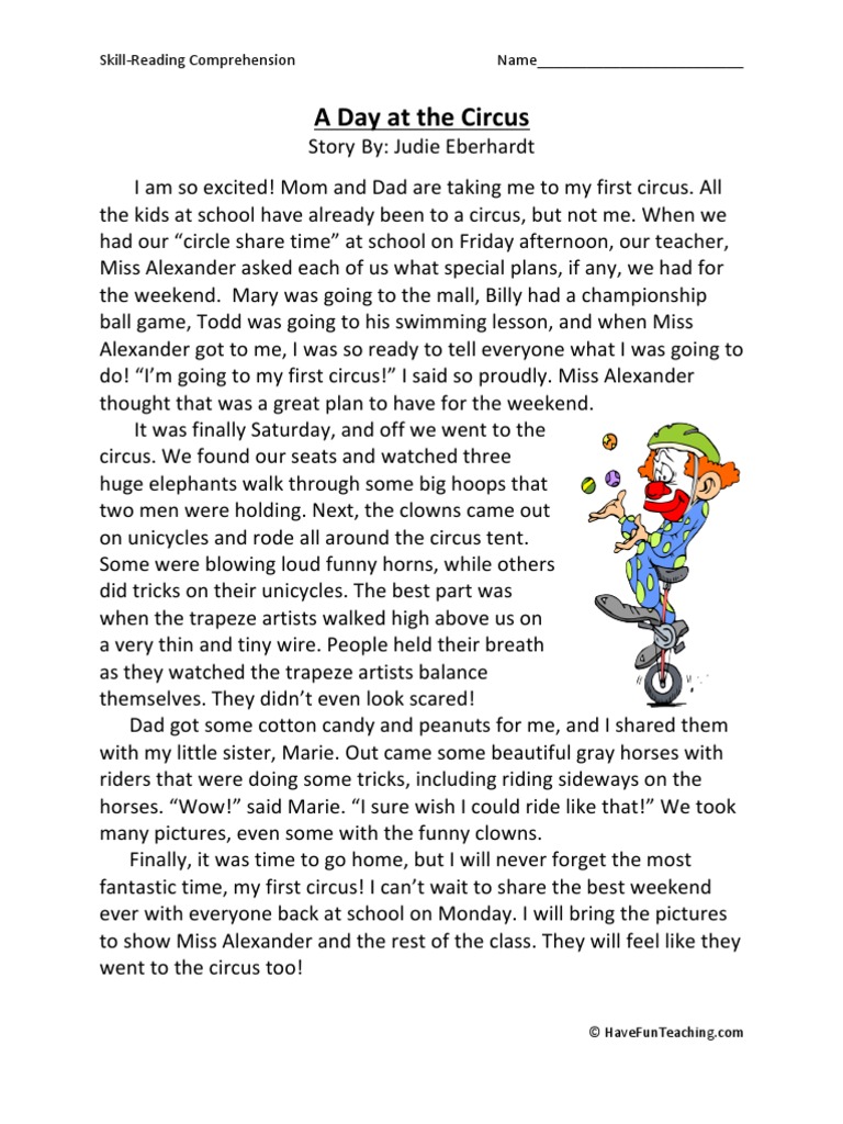 a day at the circus third grade reading comprehension worksheet pdf leisure