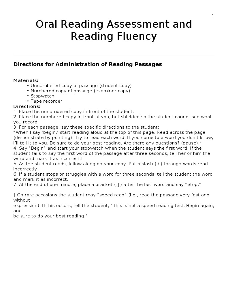 Oral Reading Fluency Assessment Guide | PDF | Reading (Process ...