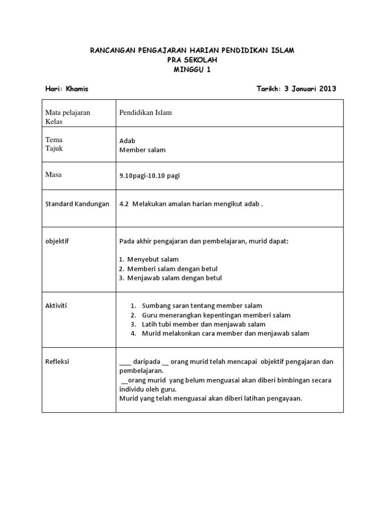 Contoh Rancangan Pengajaran Harian Prasekolah Kspk - Riset