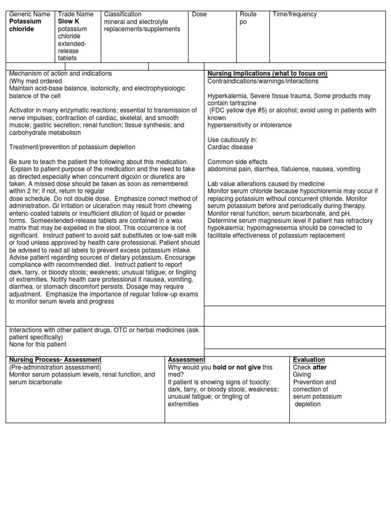 slow k Dose (Biochemistry) Potassium