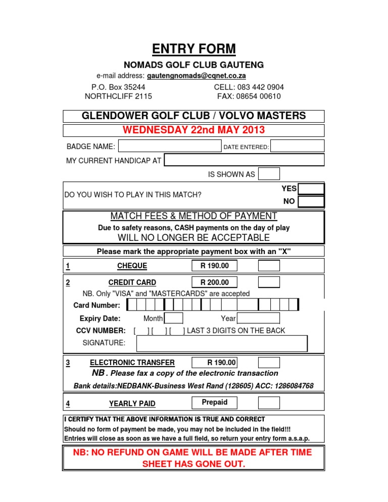Golf Club Entry Form and Payment Details | PDF