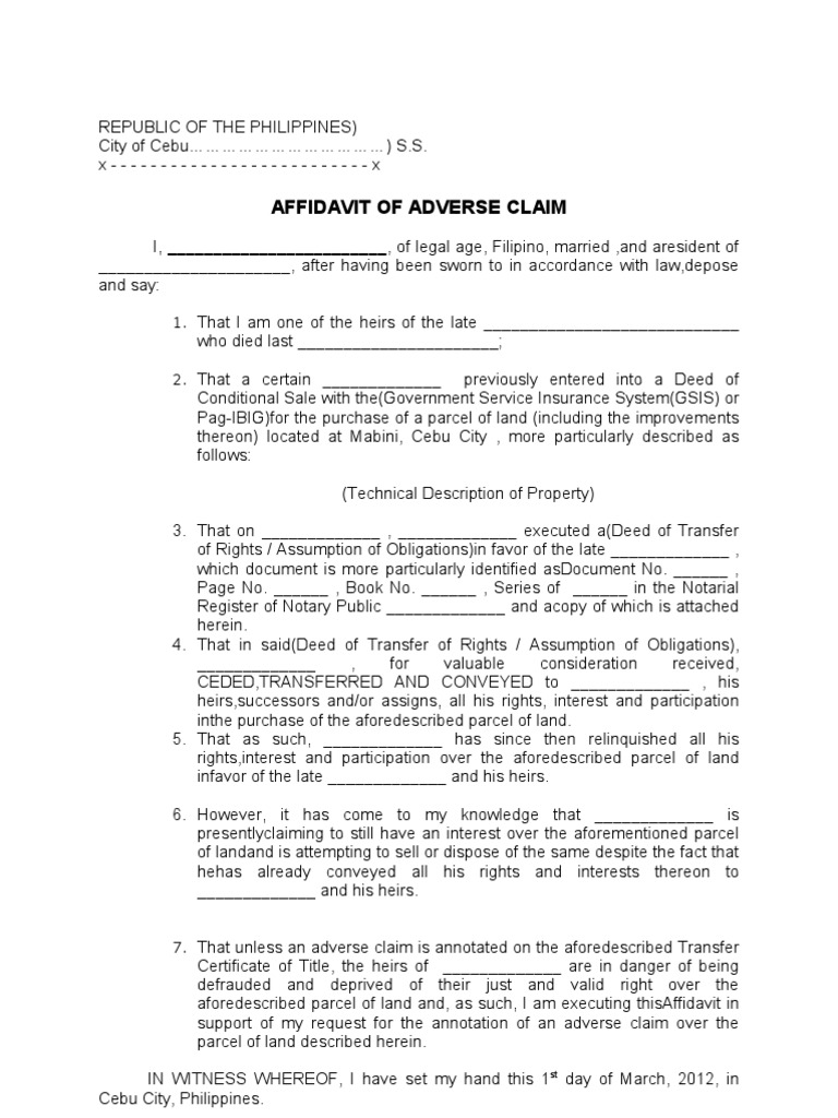 Affidavit of Adverse Claim | PDF | Law