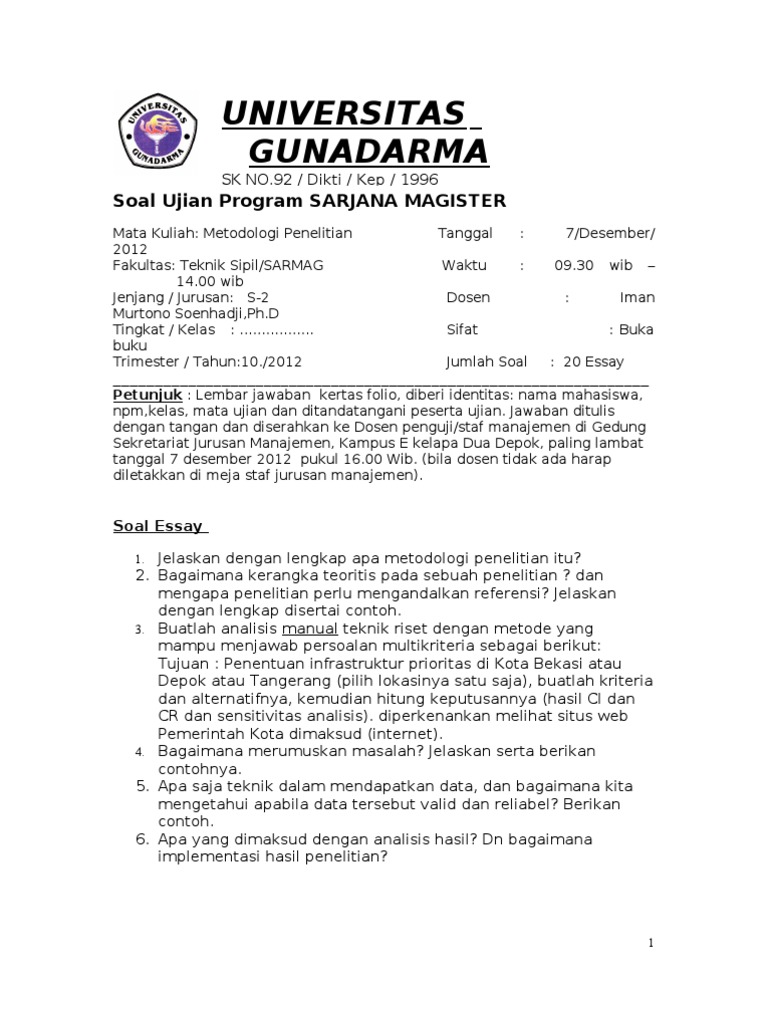Soal Ujian Metodologi Penelitian Program Sarjana Magister 2021 Soal Ujian Metodologi Penelitian Program Sarjana Magister 2021