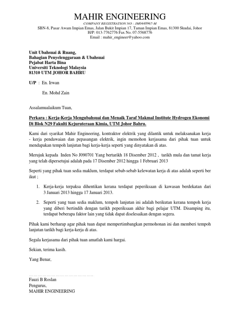 Contoh Surat Rayuan Pemanjangan Tempoh Tuntutan Loss Of Use