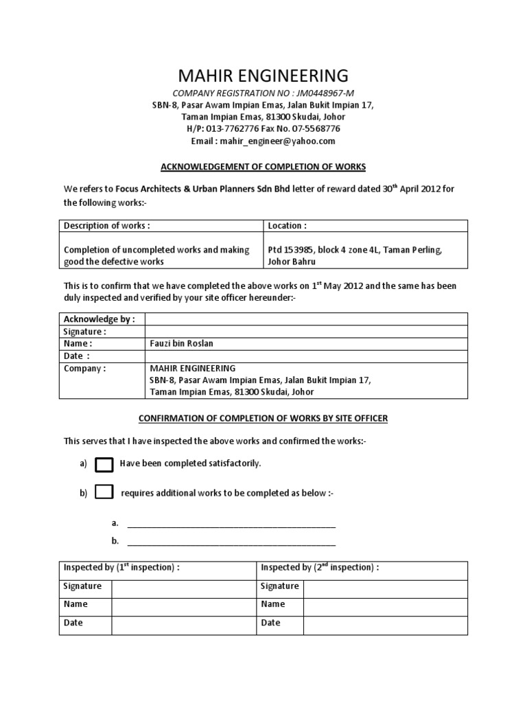 Completion Confirmation Notice | PDF | Business