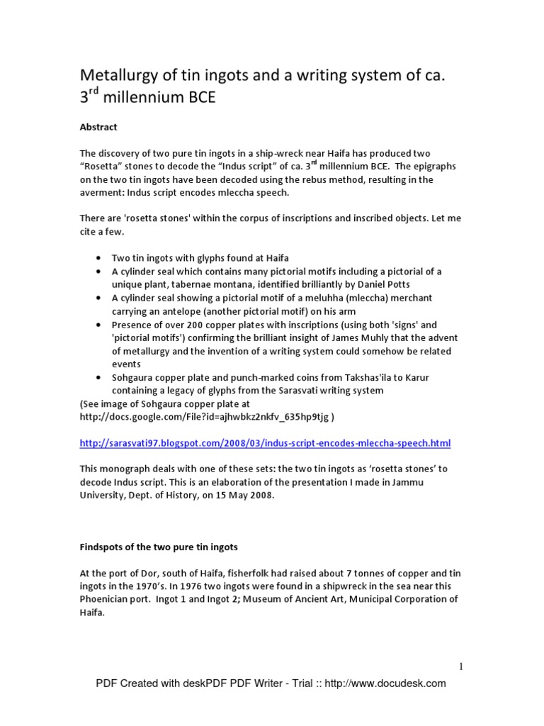 Ancient Metallurgy and Mleccha Writing On Pure Tin Ingots Download