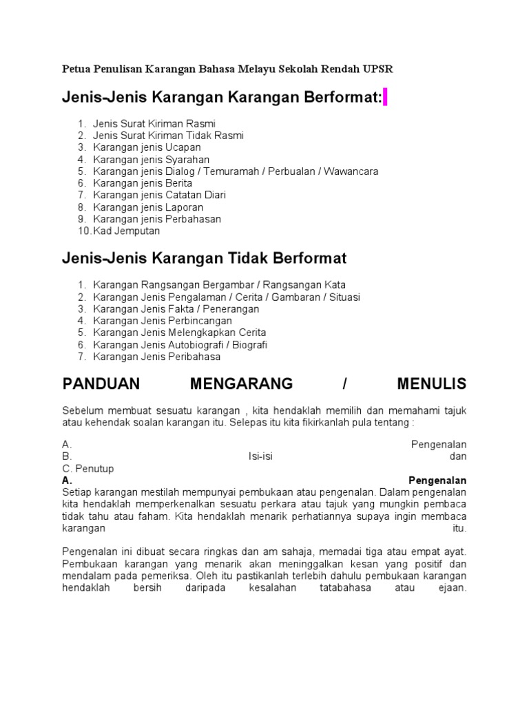 Jenis Jenis Karangan Karangan Berformat Petua Penulisan Karangan Bahasa Melayu Sekolah Rendah Upsr