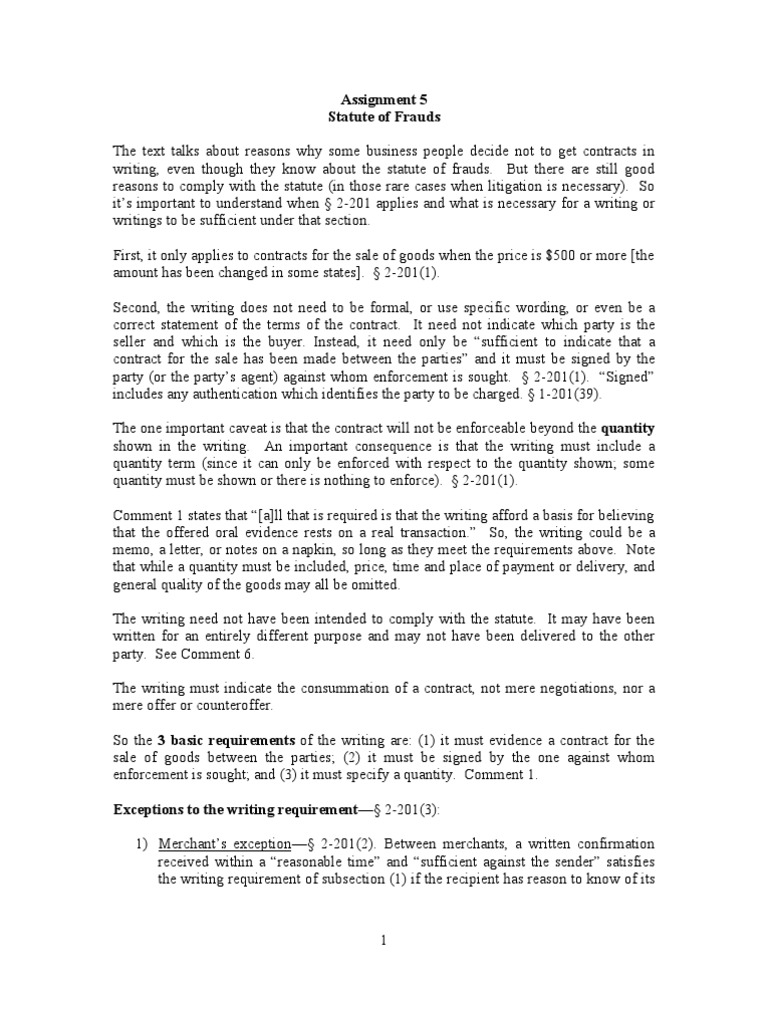 Assignment 5 Statute of Frauds PDF Business Law Virtue