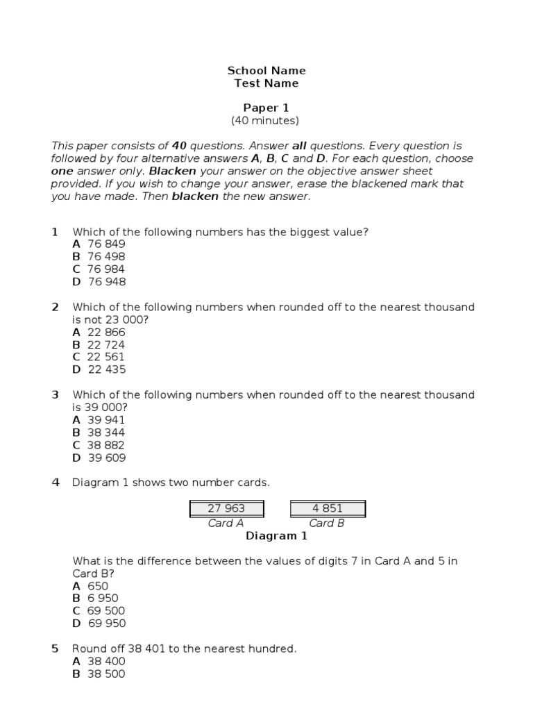 School Name Test Name Paper 1: One Answer Only. Blacken Your Answer On ...