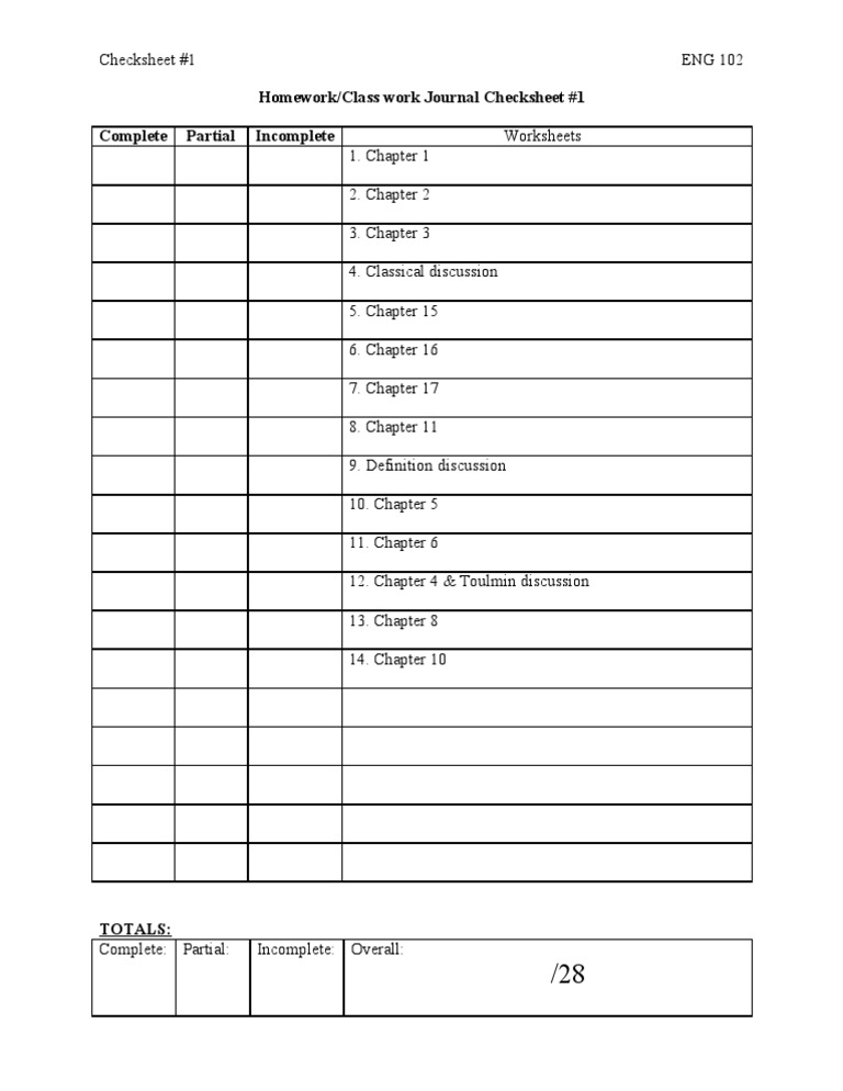Homework/Class Work Journal Checksheet #1 Complete Partial Incomplete | PDF