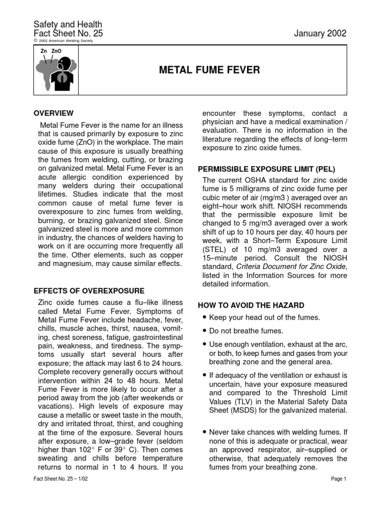 Metal Fume Fever Fact Sheet No. 25 January 2002 Safety and Health
