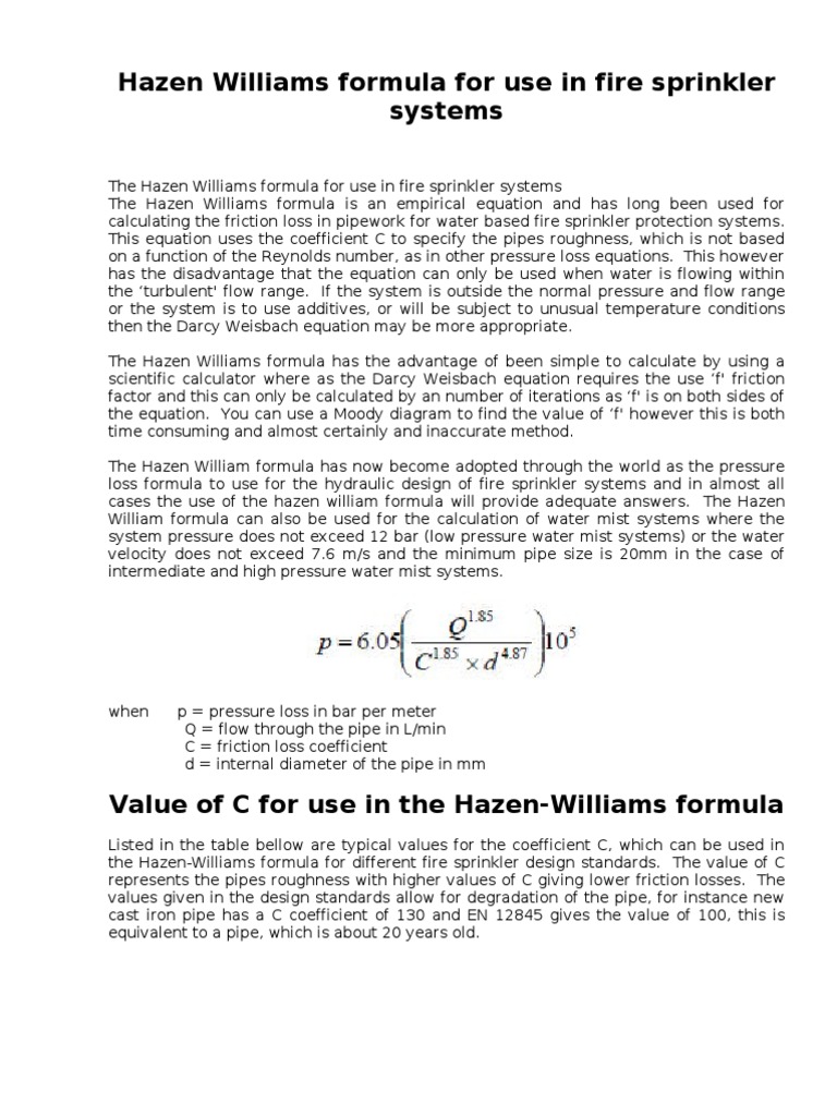 Hazen Williams Formula for Sprinkler Systems | PDF