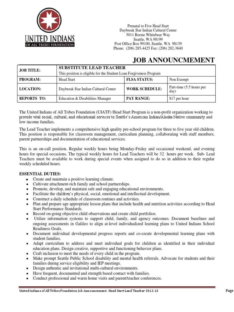Job Announcmement Substitute Lead Teacher PDF Early Childhood