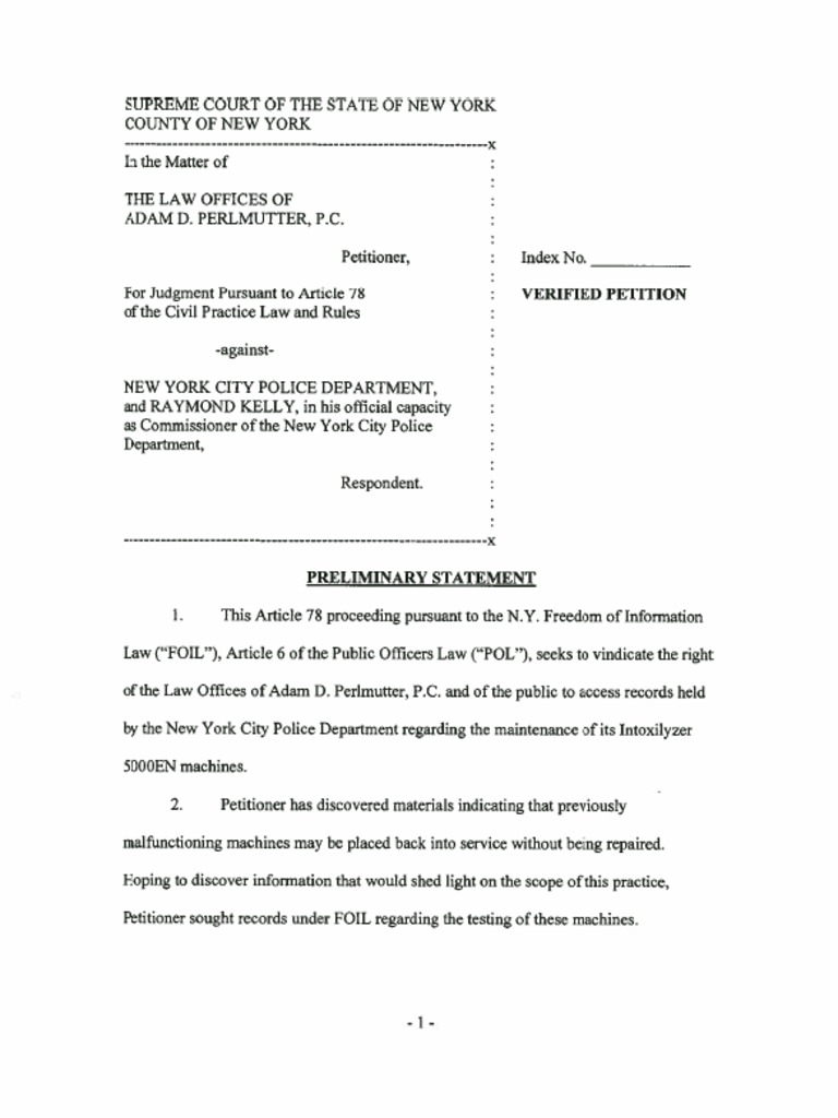 Verified Petition For Article 78 Action Against The New York CIty