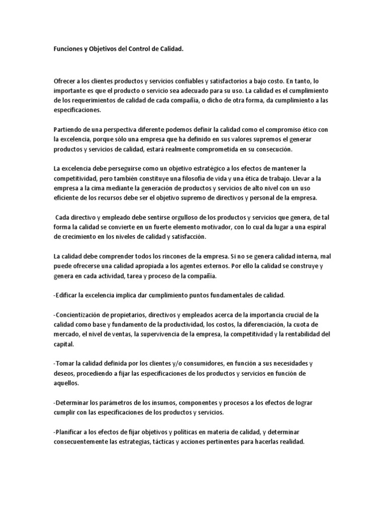 Funciones y Objetivos del Control de Calidad | PDF | Calidad (comercial ...