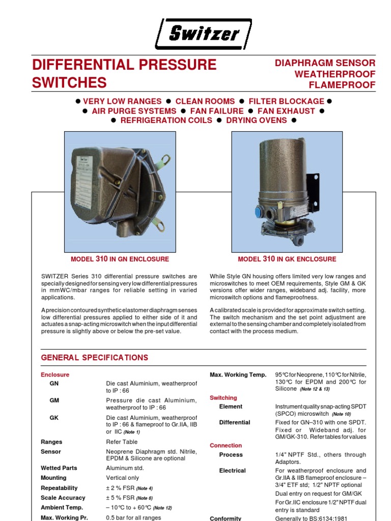 Switzer Series 310 Differential Switches | PDF | Switch | Pressure ...
