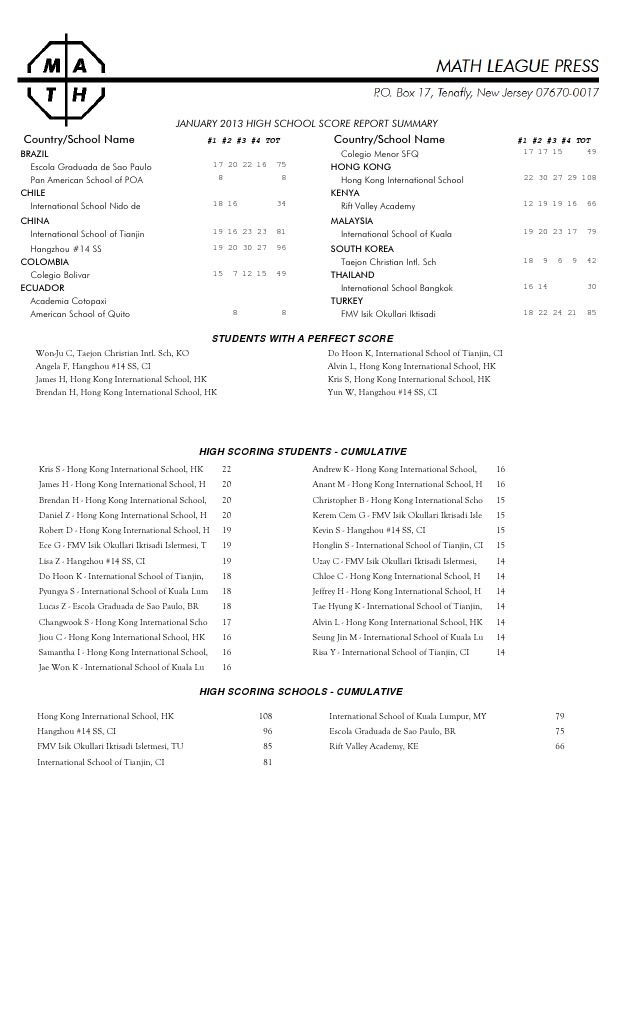 Math League Feb Results PDF Educational Organizations Educational