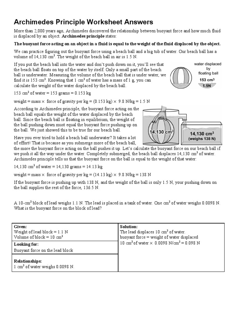 Worksheets Buoyancy Worksheet archimedes worksheet buoyancy mass