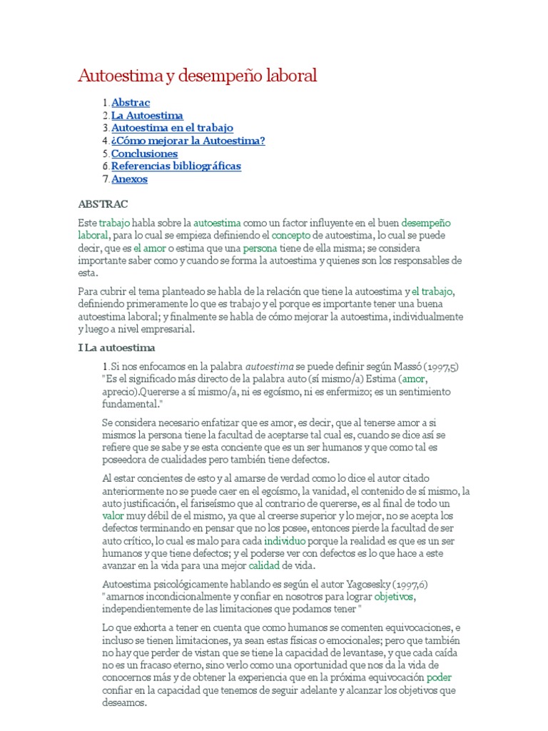 Autoestima y Desempeño Laboral | Descargar gratis PDF | Autoestima ...