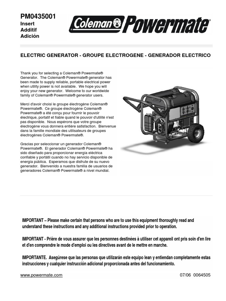 Coleman Powermate Generator Manual PM0435001 | Wheel | Screw