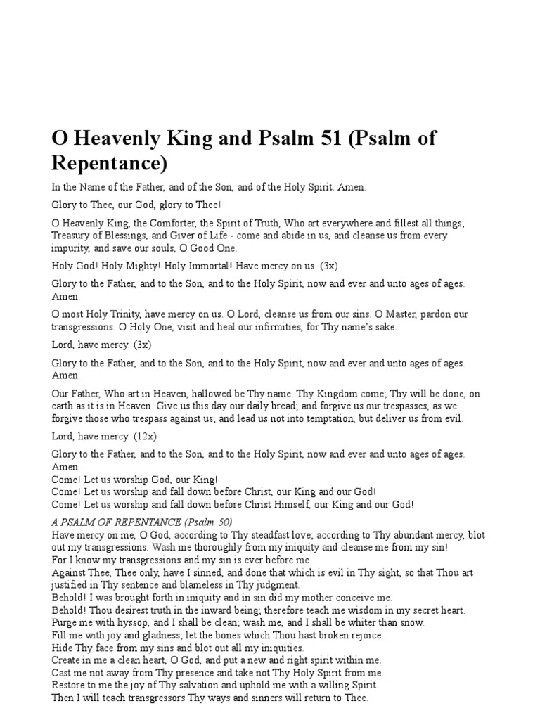 O Heavenly King and Psalm 51 (Psalm of Repentance) | PDF | Lord's ...
