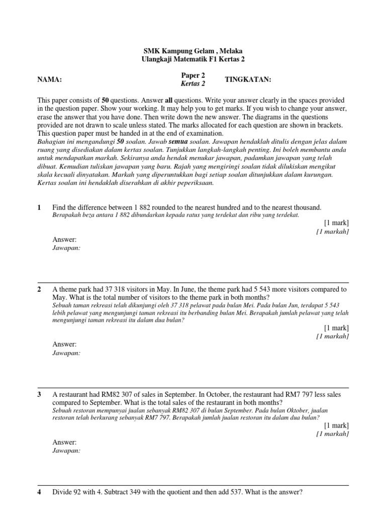 Ulangkaji Matematik F1 Kertas 2 SMK Gelam | PDF | Karier & Perkembangan ...