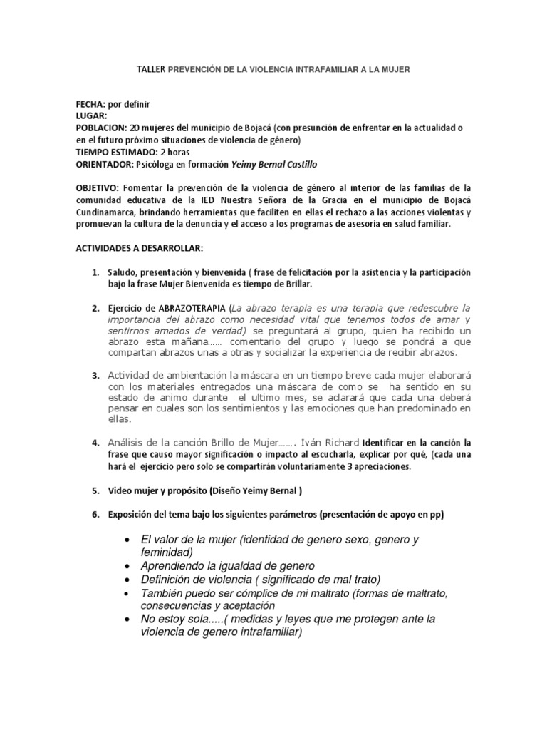 Taller Prevención de La Violencia Intrafamiliar A La Mujer | PDF