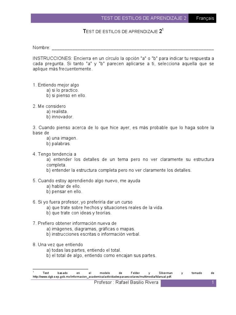 Test de Estilos de Aprendizaje | PDF | Aprendizaje | Ciencia cognitiva