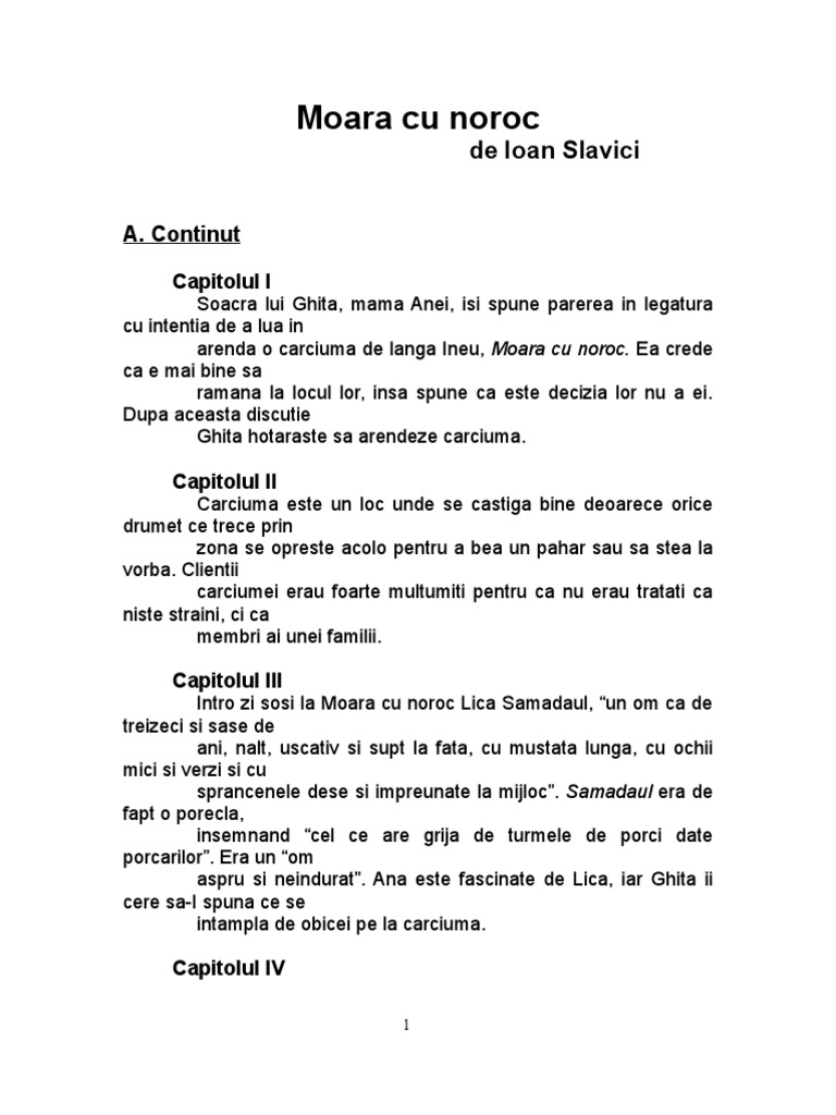 Relatia Incipit Final Moara Cu Noroc Rezumat Pe Capitole Moara Cu Noroc | PDF