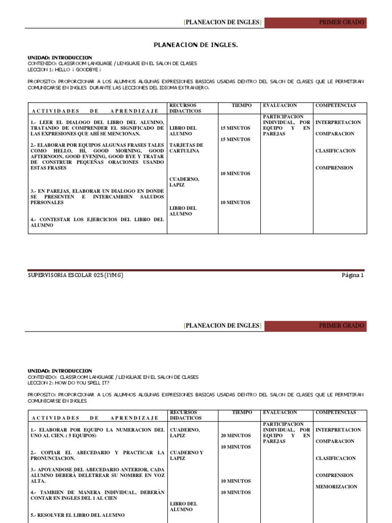 Planeacion de Ingles Primer Grado PDF