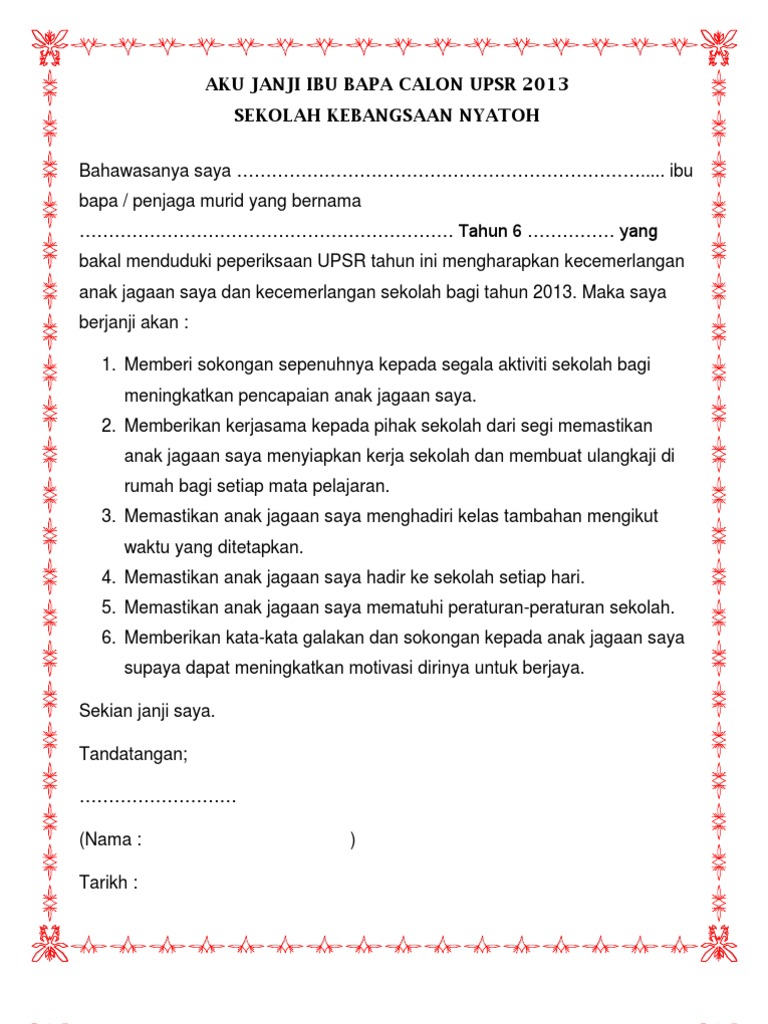 Contoh Borang Surat Aku Janji Ibubapa Prasekolah