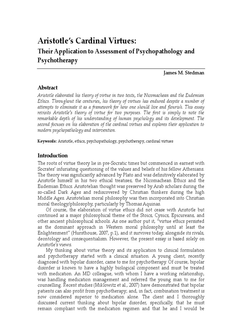 10-1 057 Stedman - Aristotles Virtues | PDF | Psychotherapy | Virtue