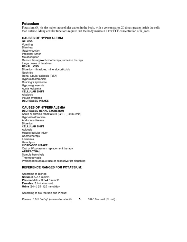 Causes and Ranges of Potassium Levels | PDF