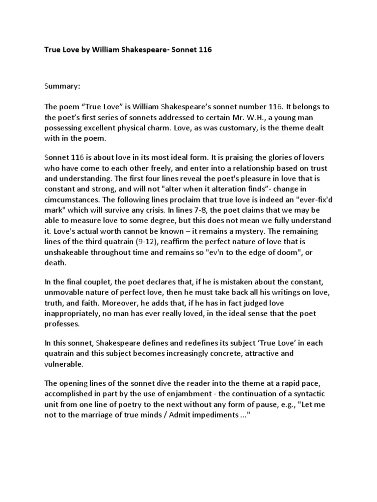 True Love By William Shakespeare Docx Poems Literary Criticism