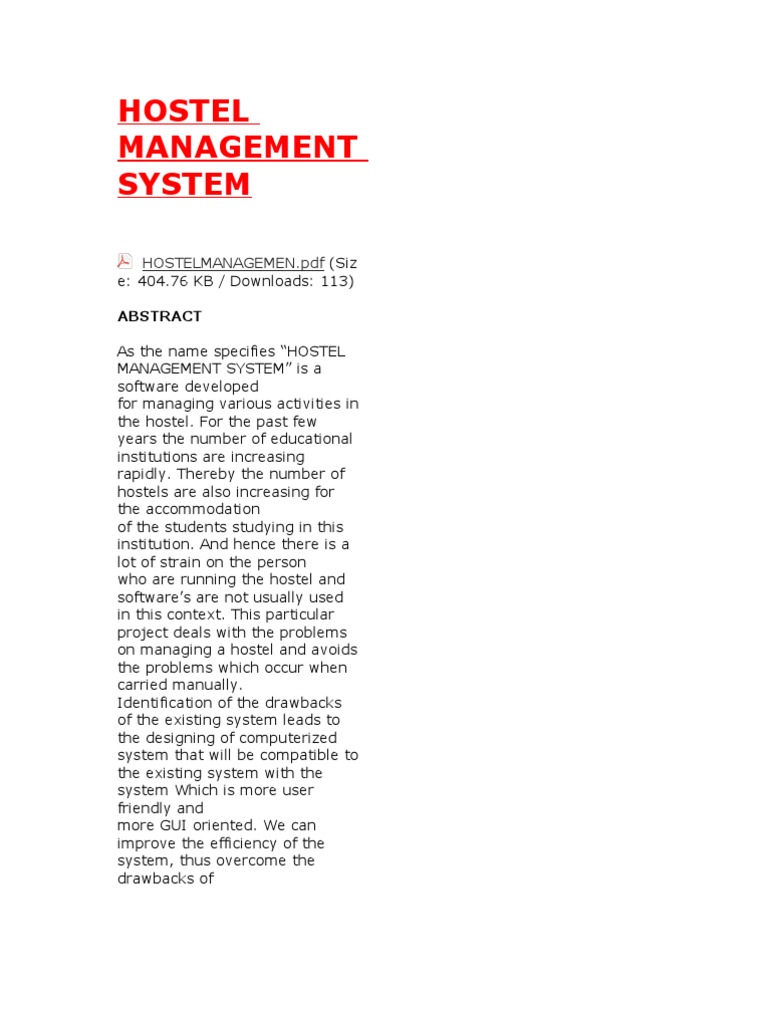 Hostel Management System | PDF