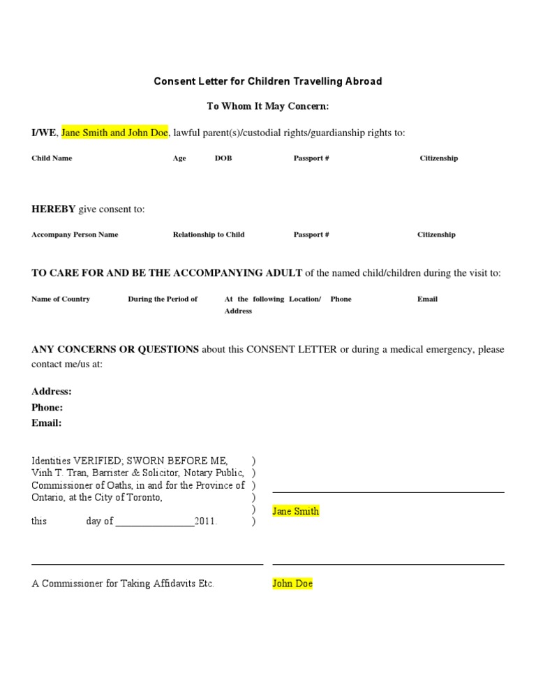 Minor Travel Consent Letter Template | PDF | Law