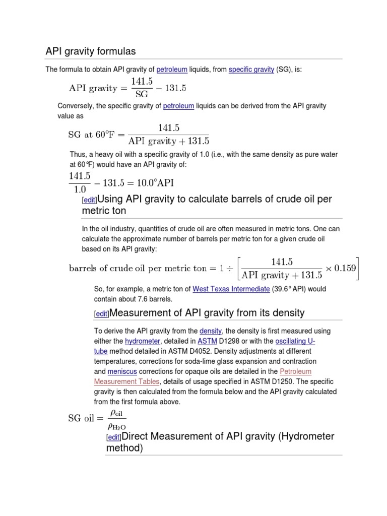 API Gravity Formulas Gravity Petroleum