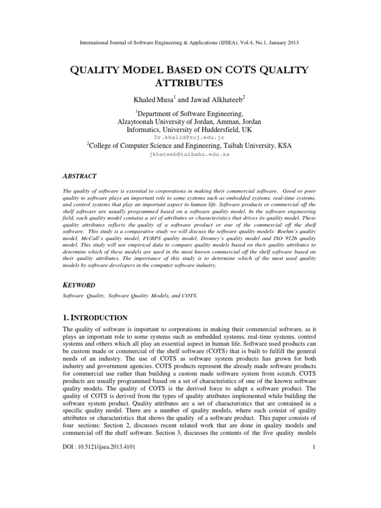 Quality Model Based On Cots Quality Attributes PDF Software Quality