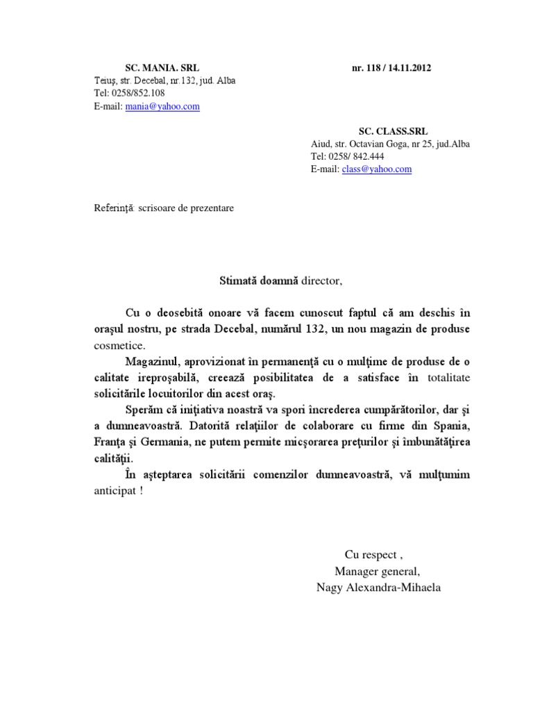 scrisori utilizate in cadrul unei firme